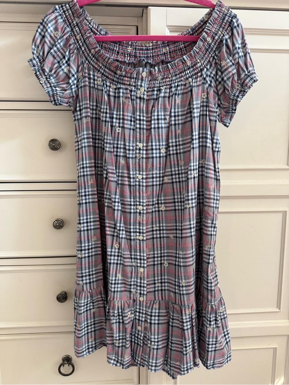 Woman’s Anthropologie Plaid Short-Sleeve Button-Front Dress in Blue and Red